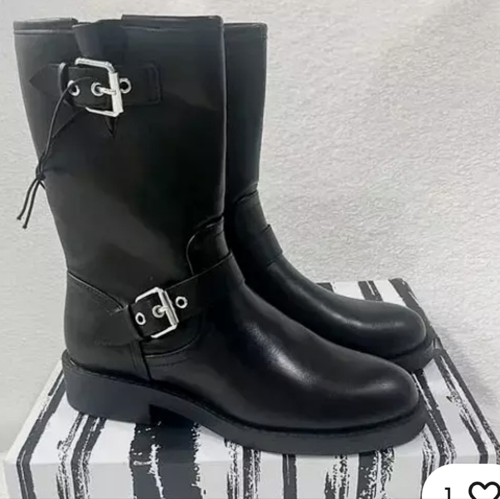 (Ew)Dolce Vita Womens Moto Boots Double Buckle Black PU Leather